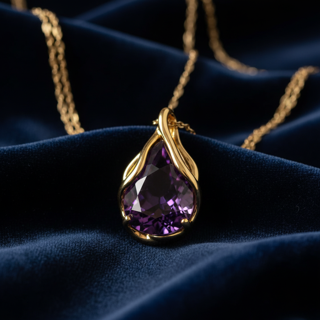 Dark Amethyst Necklace: Elegant Gold Plated Jewelry with Deep Purple Gemstone