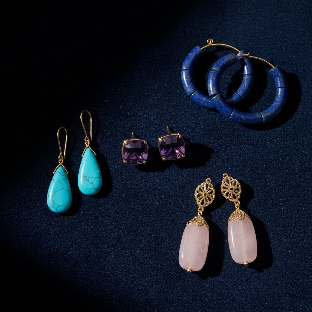 Gold-Plated Earrings with Semi-Precious Stones