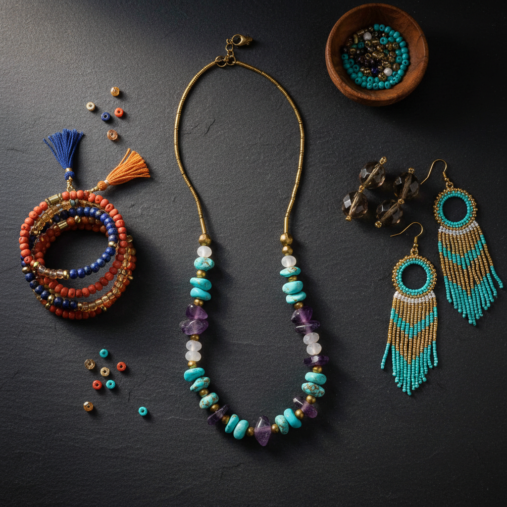 Handmade beaded jewellery flat lay featuring gemstone bracelets, necklace and earrings on dark background — Saras Beads UK