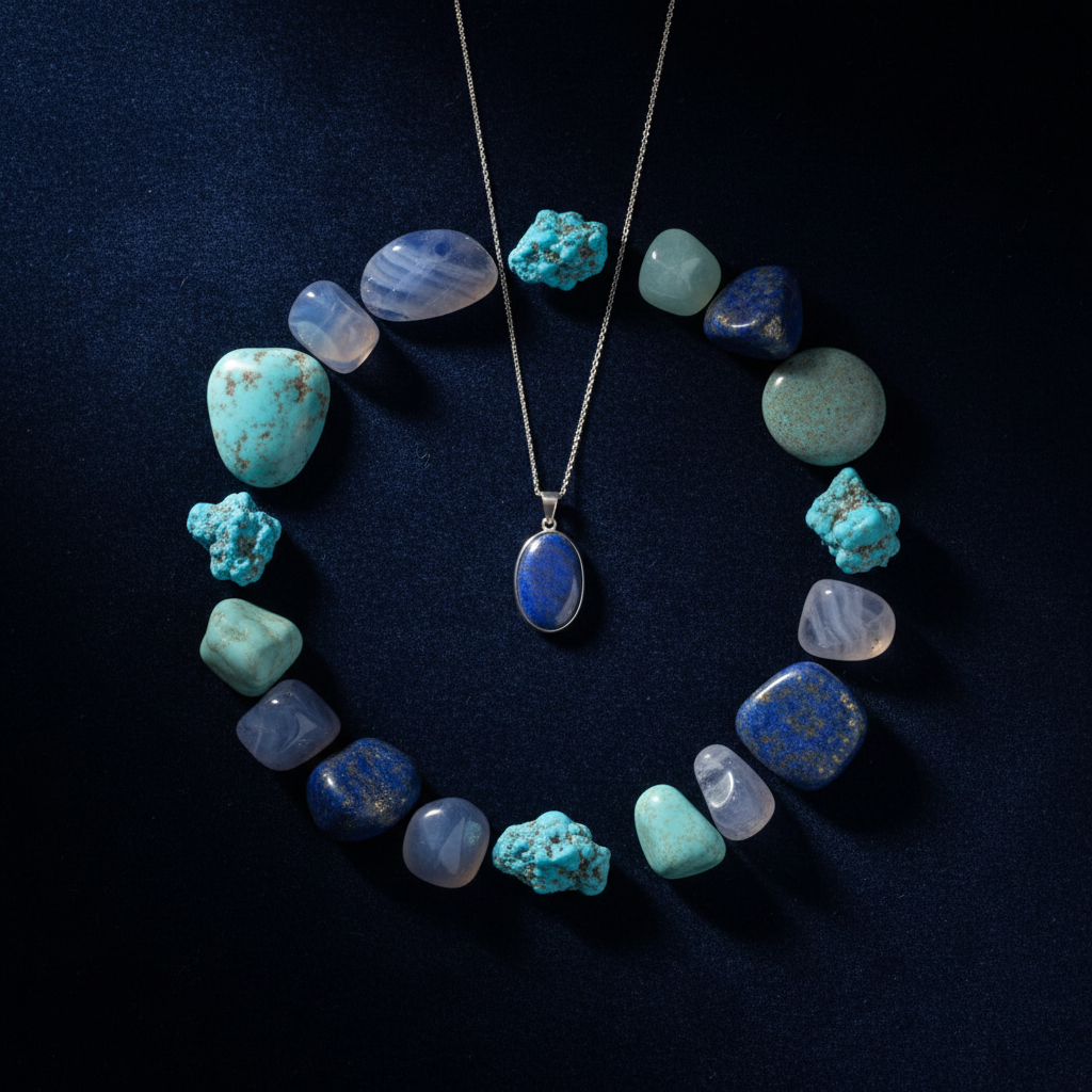It features Blue Lace Agate, Lapis Lazuli, Aquamarine, Sodalite, and Turquoise alongside a silver pendant on dark navy velvet — a serene palette of sky blue, deep navy, and teal tones with soft dramatic lighting. 