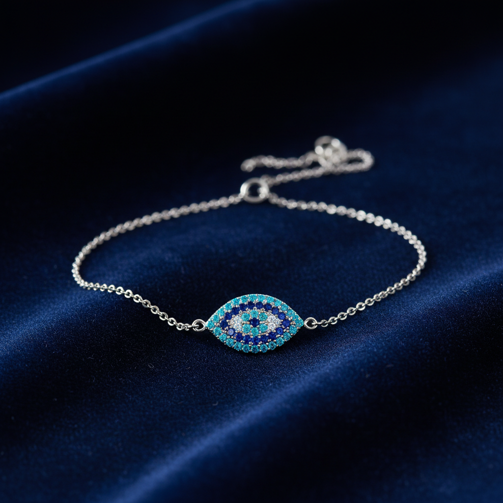 Tiny Evil Eye Bracelet With Aquamarine and Sapphire Zirconia