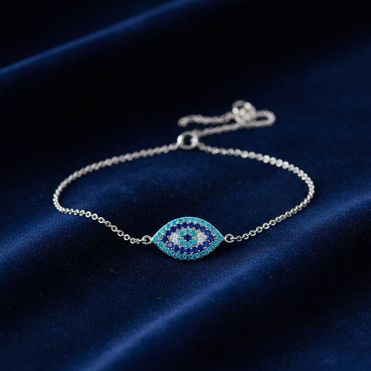 Tiny Evil Eye Bracelet With Aquamarine and Sapphire Zirconia