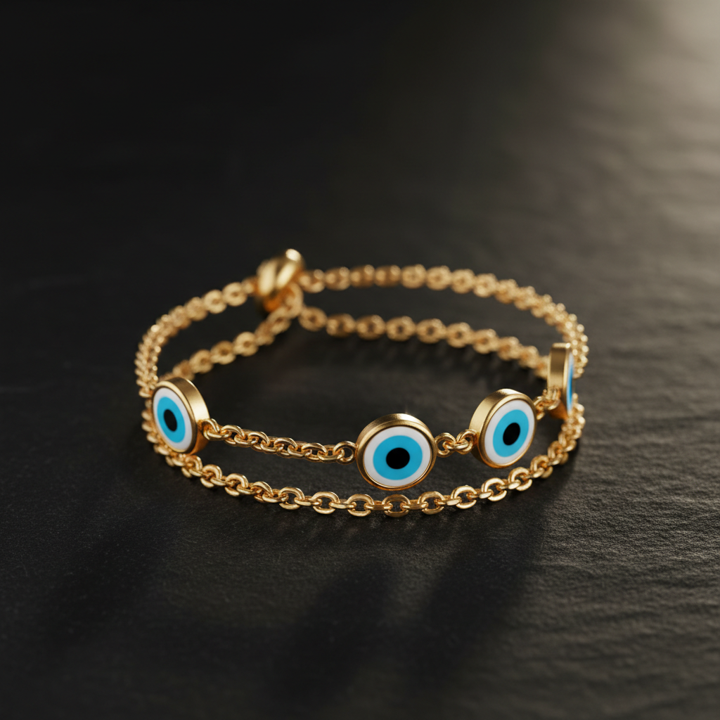 Adjustable Gold Plated Bracelet: Three Evil Eyes, Triple The Protection In Style