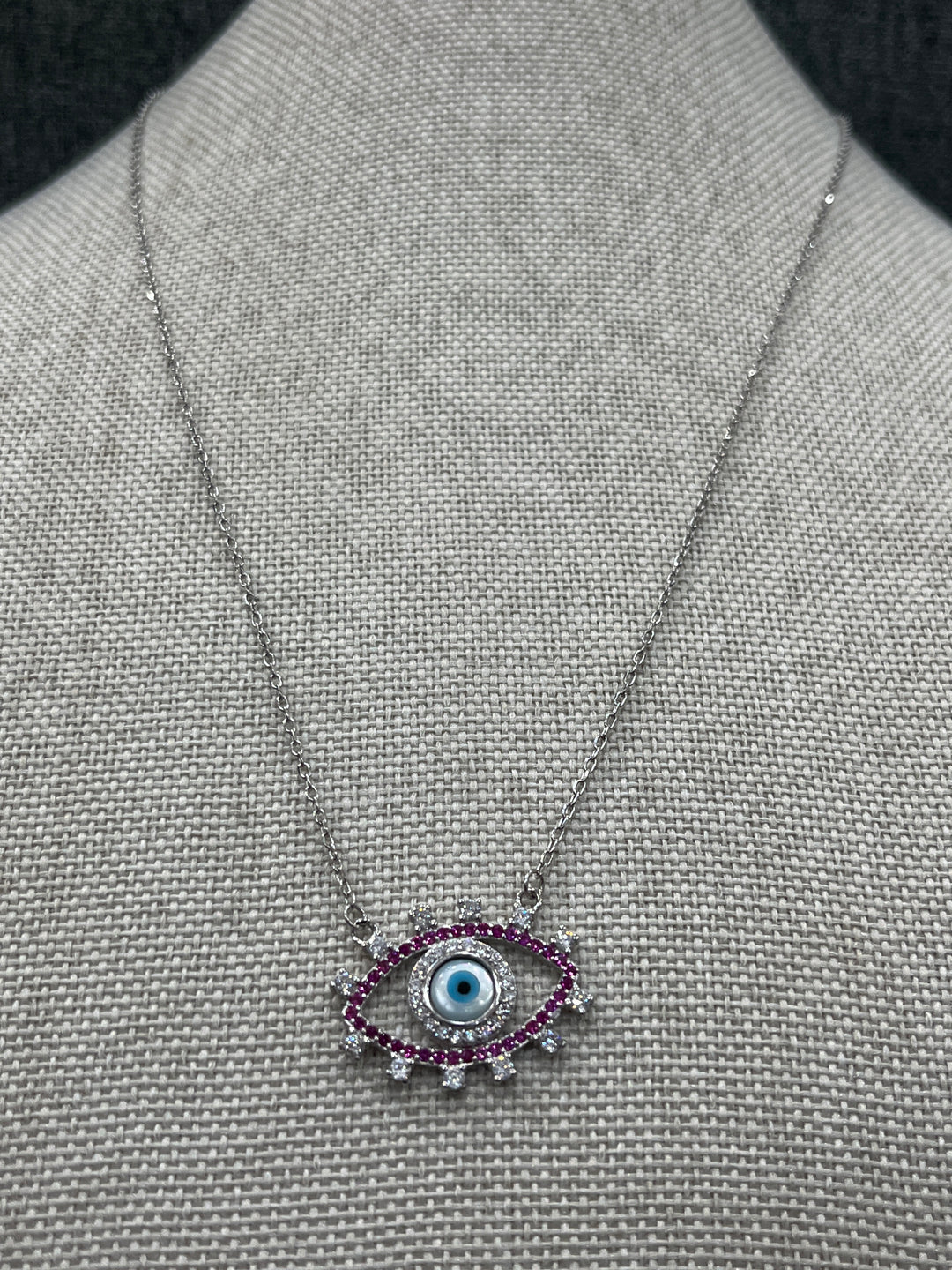 Sterling Silver Evil Eye Necklace with Ruby and Diamond Accents