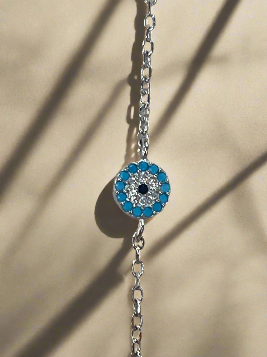 Tiny Evil Eye Bracelet with Aquamarine and Sapphire Zirconia