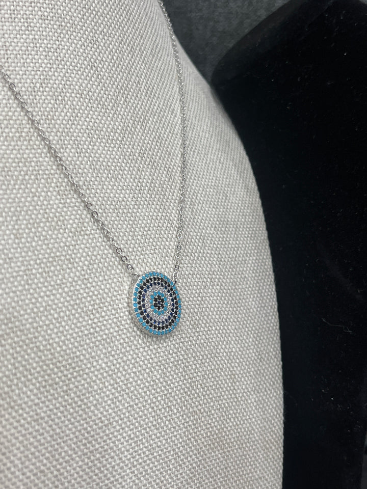 Round Evil Eye Necklace with Turquoise and Sapphire