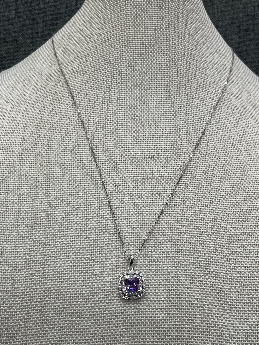 Elegant Sterling Silver Square Purple Zirconia Necklace