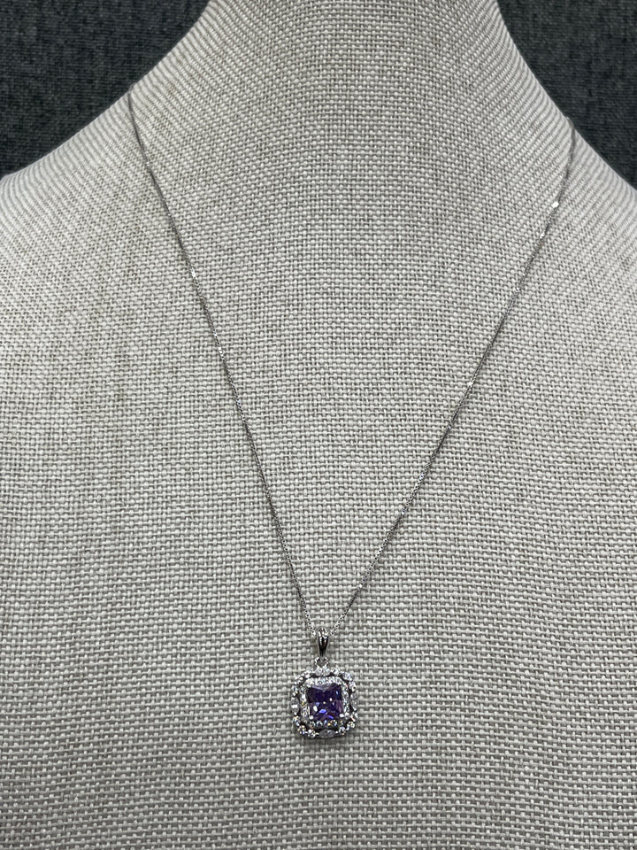 Elegant Sterling Silver Square Purple Zirconia Necklace