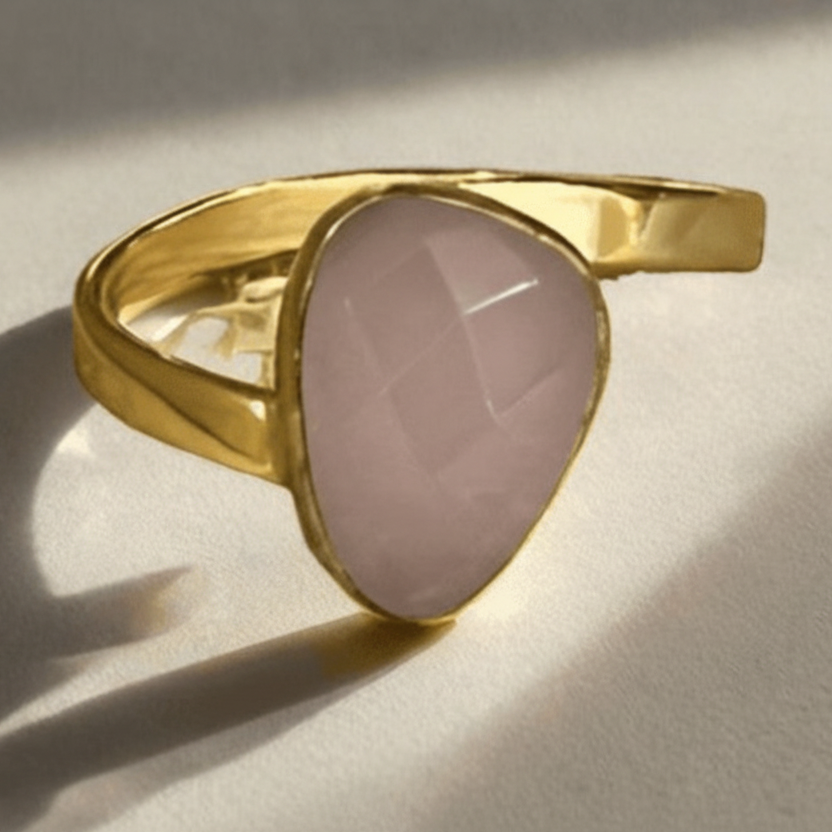 Gold Plated Pink Chalcedony Teardrop Open Ring