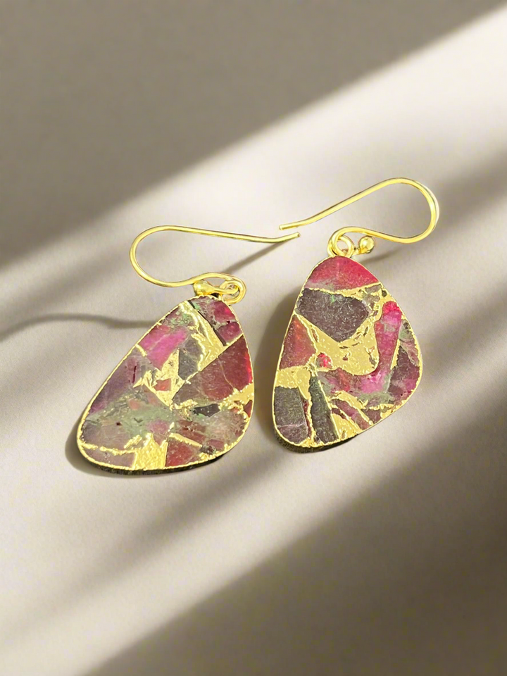 Triangular Gold-Plated Ruby Earrings