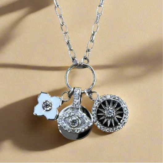 Mystical Blossoms: Rhodium Plated Sterling Silver Necklace with 1 Flower 1 Eye 1 Star