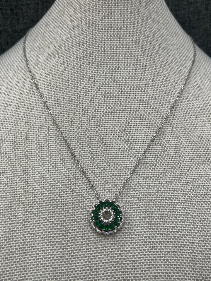 Elegant Green Orbit Baguette Necklace in Sterling Silver