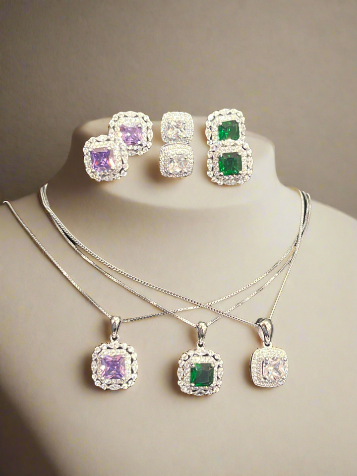 Square Rhodium-Plated Sterling Silver Jewellery Set (Three Colours)