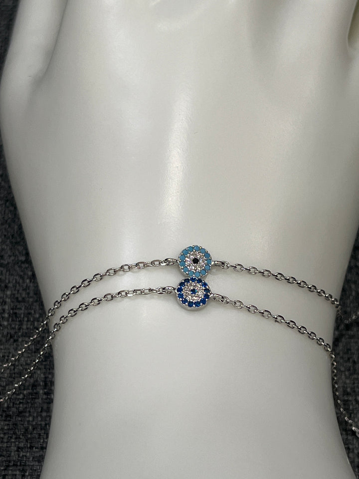 Tiny Evil Eye Bracelet with Aquamarine and Sapphire Zirconia