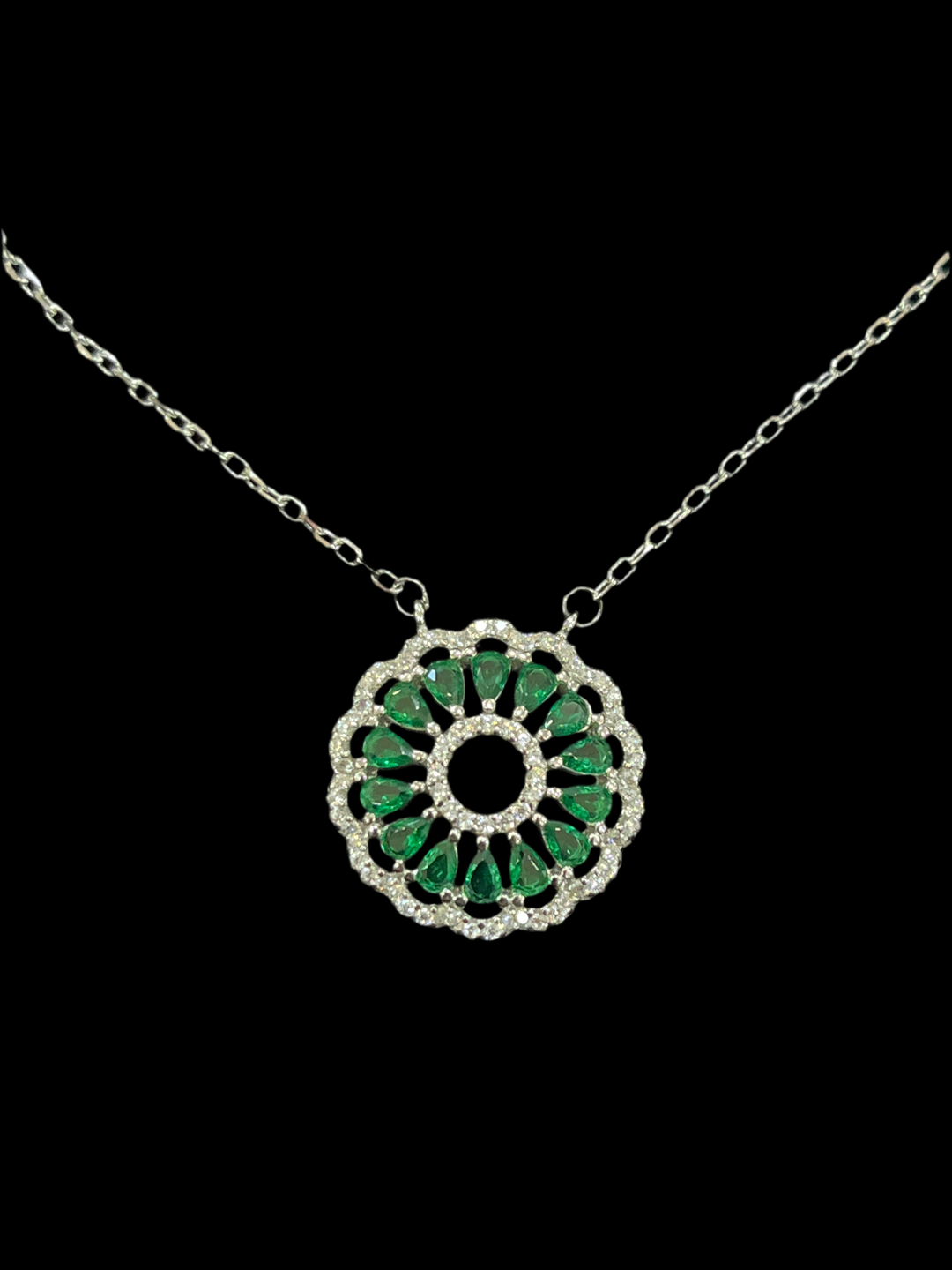 Elegant Green Orbit Baguette Necklace in Sterling Silver