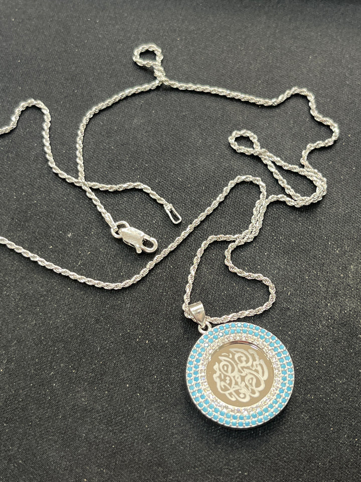 Bismillah Al-Rahman Al-Raheem necklace featuring radiant turquoise & diamond zirconia