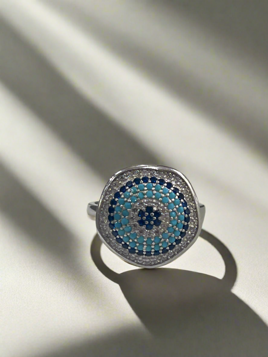 Hexagon Multicoloured Zircon Round Evil Eye Silver Ring