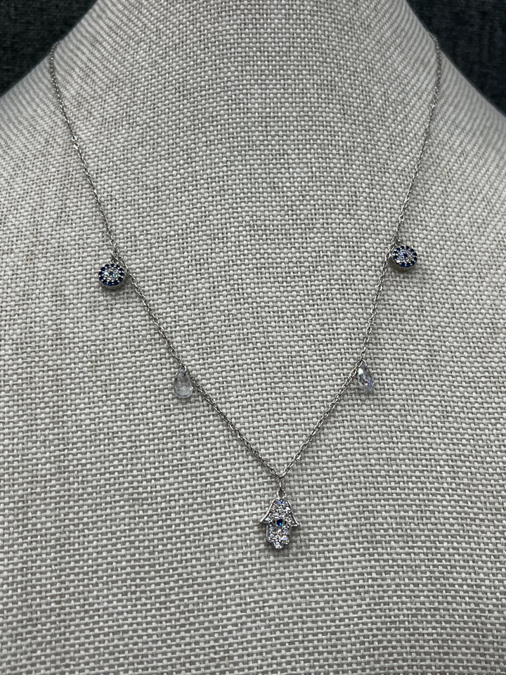 Unique Sterling Silver Necklace: Hamsa Hand with Evil Eye and Diamond Zirconia Accent