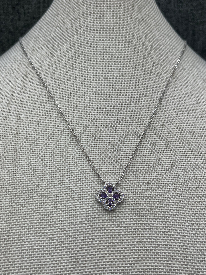 Elegant Sterling Silver Flower Necklace with Purple Zirconia