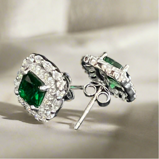 Elegant Sterling Silver Stud Earrings with Emerald and Zirconia Accents