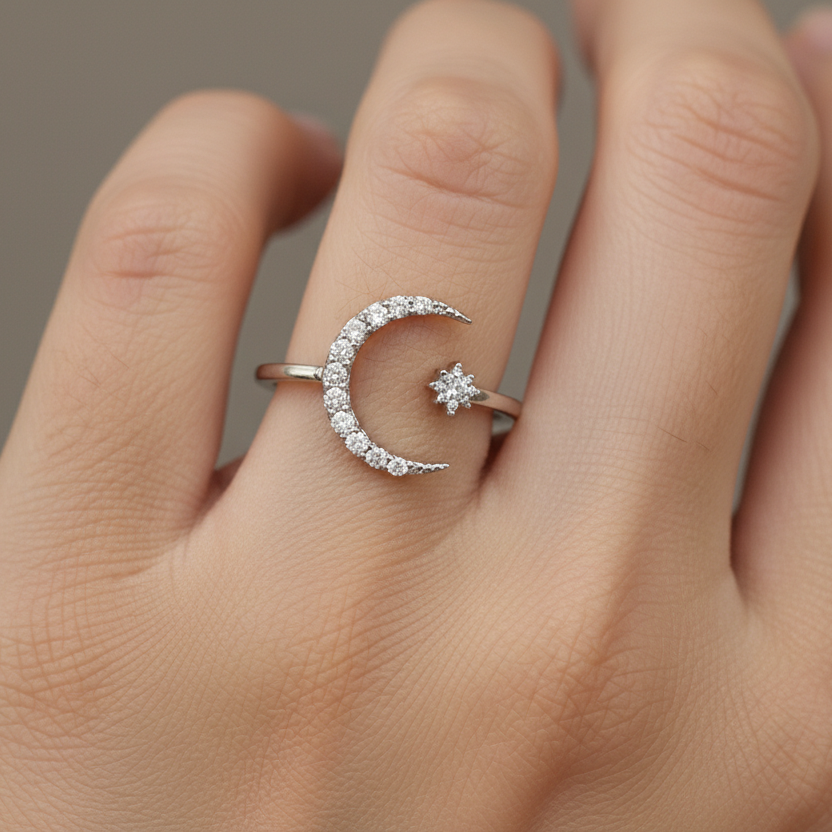 Moon and Star Sterling Silver Ring