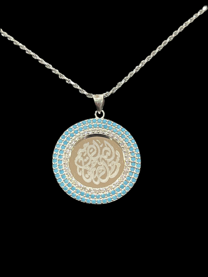 Bismillah Al-Rahman Al-Raheem necklace featuring radiant turquoise & diamond zirconia