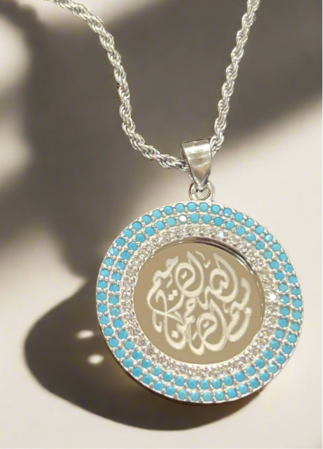 Bismillah Al-Rahman Al-Raheem necklace featuring radiant turquoise & diamond zirconia