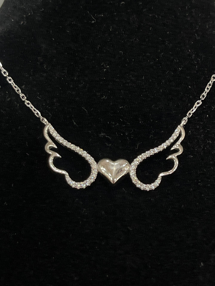 Divine Love: Rhodium-Plated Sterling Silver Angel with Heart Necklace