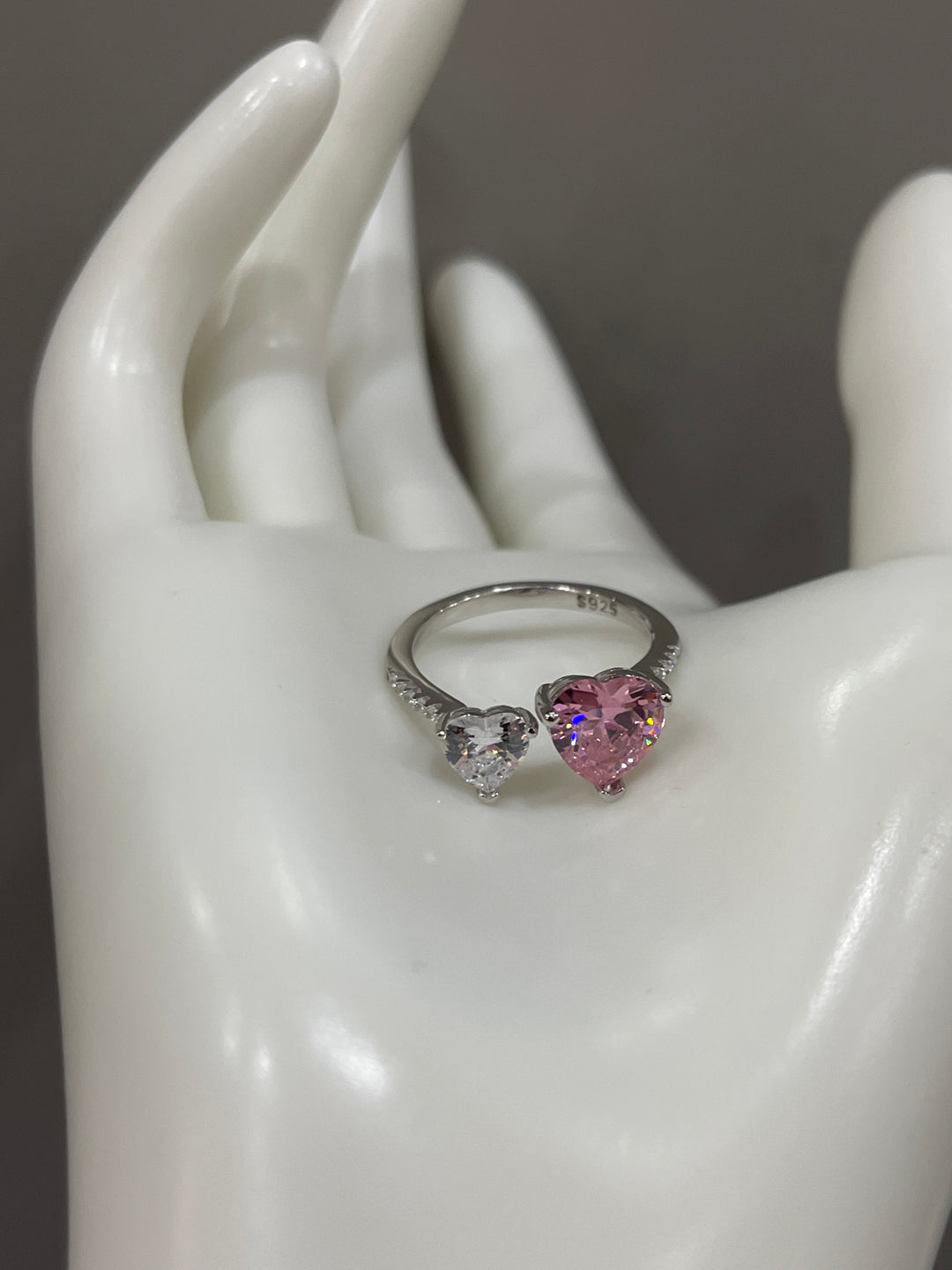 Sterling Silver Double Heart Ring with Pink and Diamond Zircon Stones