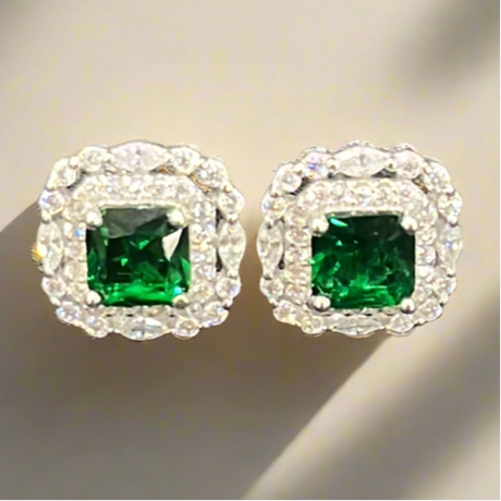 Elegant Sterling Silver Stud Earrings with Emerald and Zirconia Accents