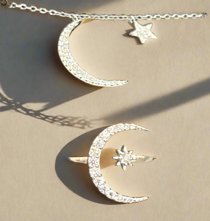 Moon & Star Adjutable Necklace and Ring Set