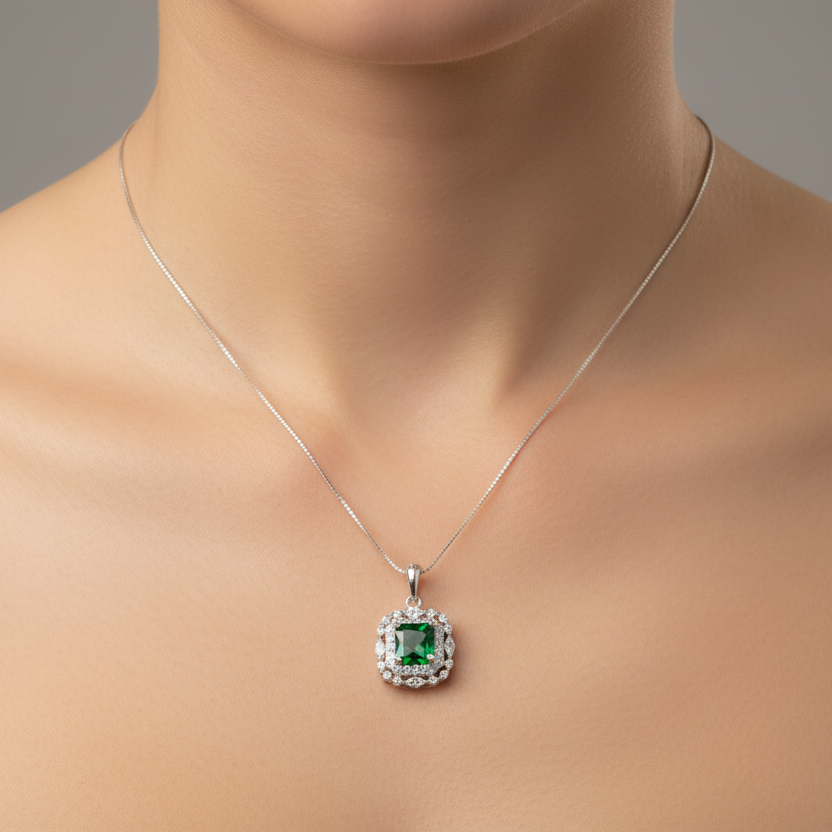 Emerald & CZ Sterling Silver Jewellery Set - Stud Earrings