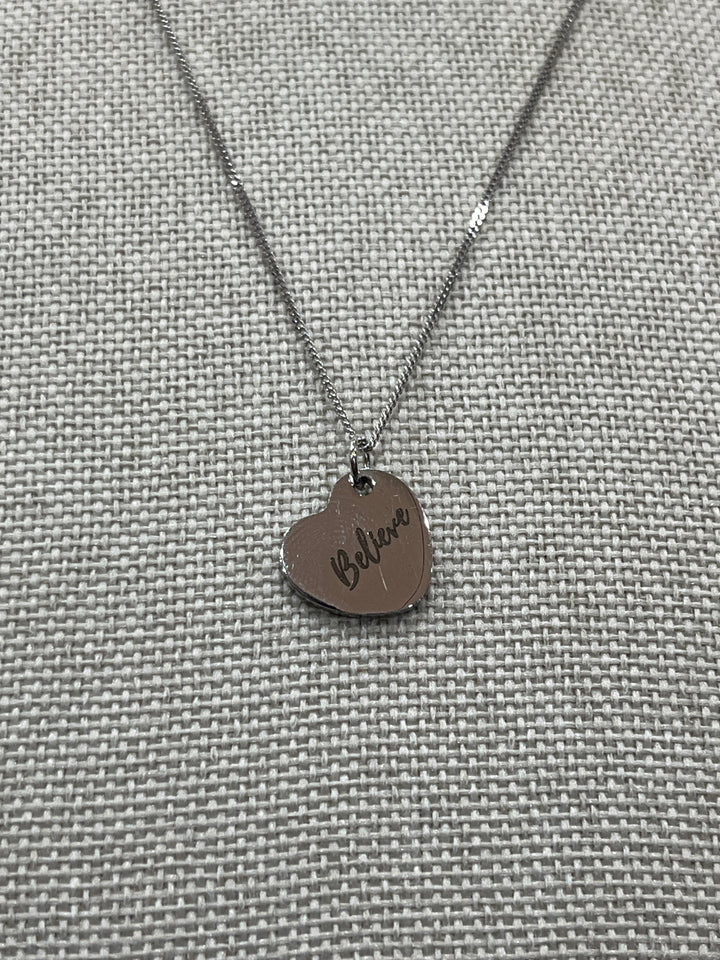 Sterling Silver Engraved Heart Necklace with “Believe” Inscription