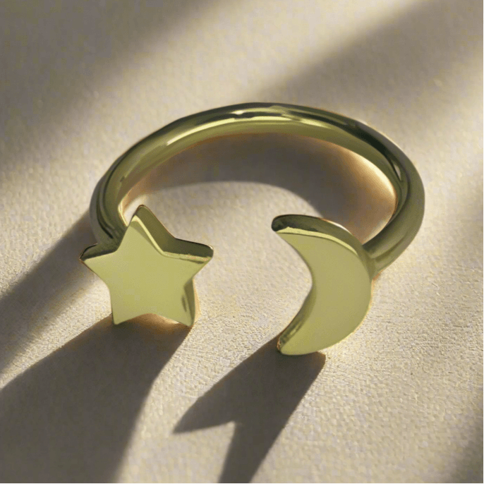 Celestial Dreams: Handmade 18 Karat Gold-Plated Star and Moon Ring - Saras Beads & Jewellery