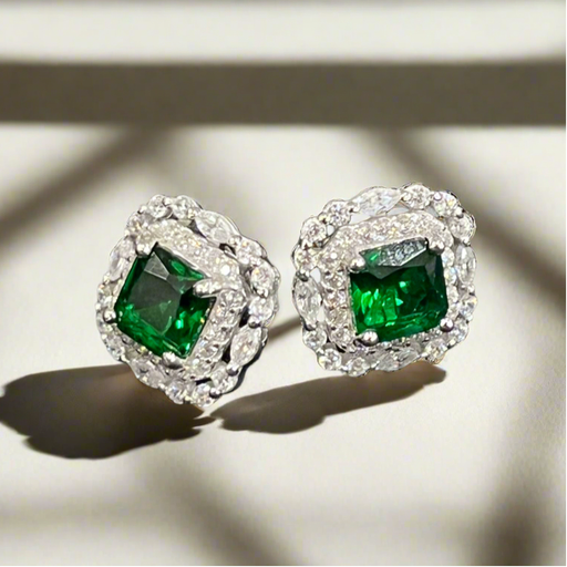 Elegant Sterling Silver Stud Earrings with Emerald and Zirconia Accents