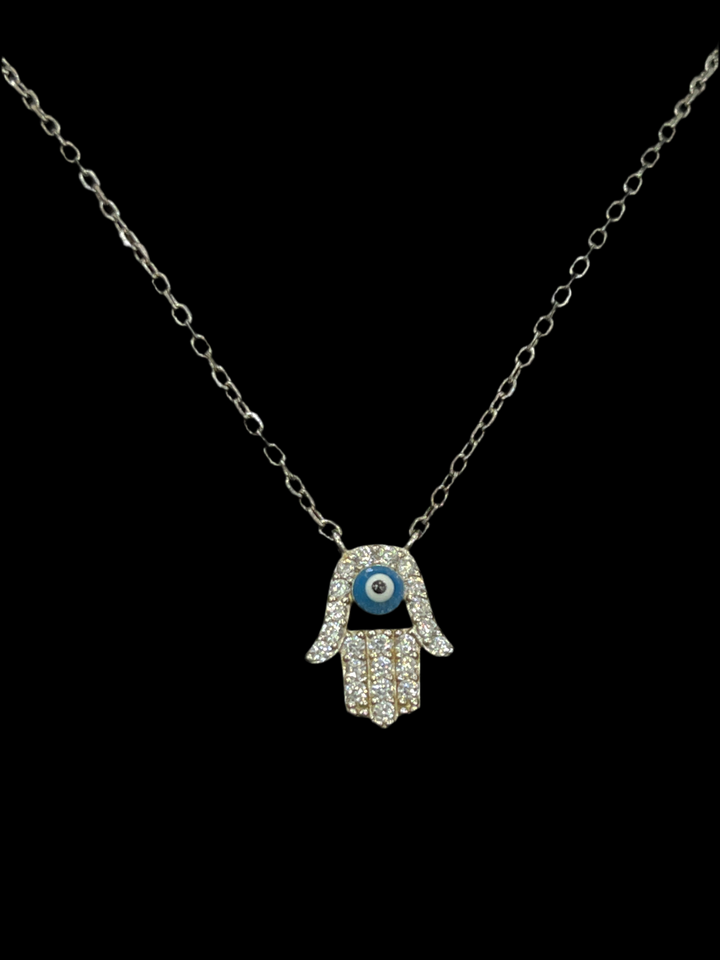 Small Hamsa Hand and Evil Eye Necklace - Sterling Silver