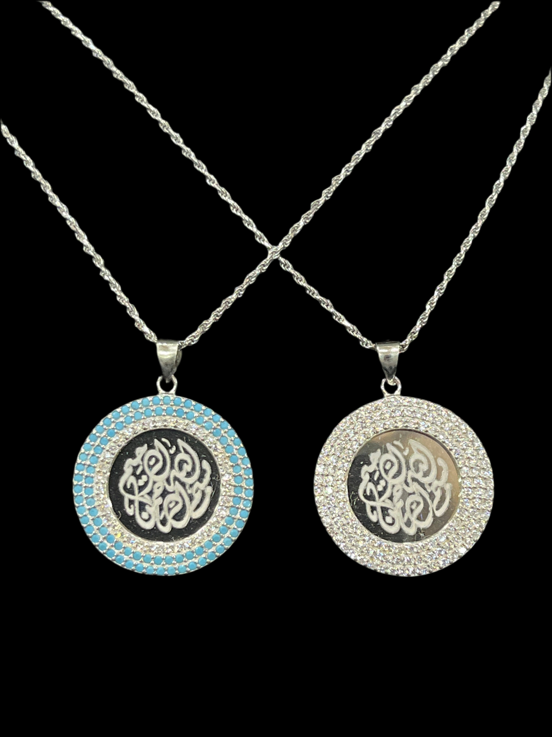 Bismillah Al-Rahman Al-Raheem necklace featuring radiant turquoise & diamond zirconia