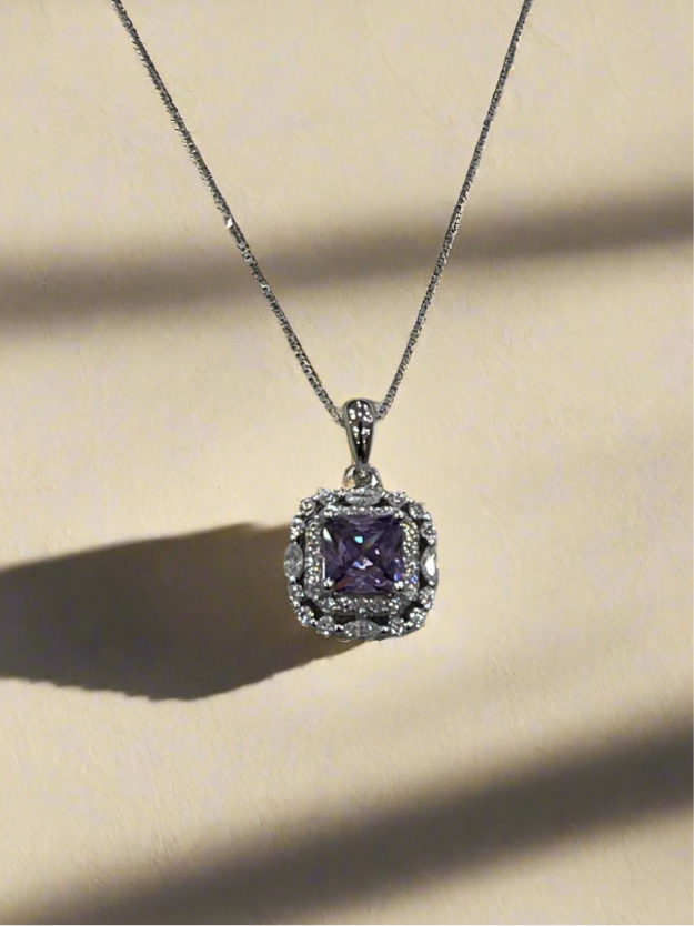 Elegant Sterling Silver Square Purple Zirconia Necklace