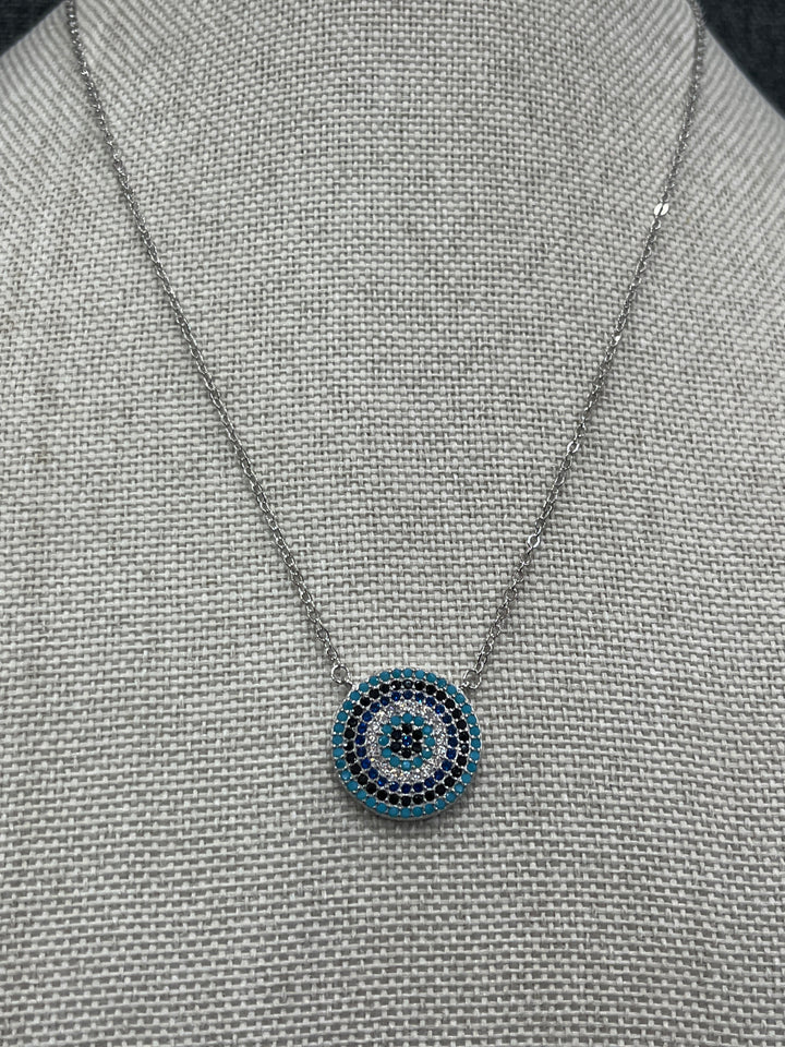 Round Evil Eye Necklace with Turquoise and Sapphire