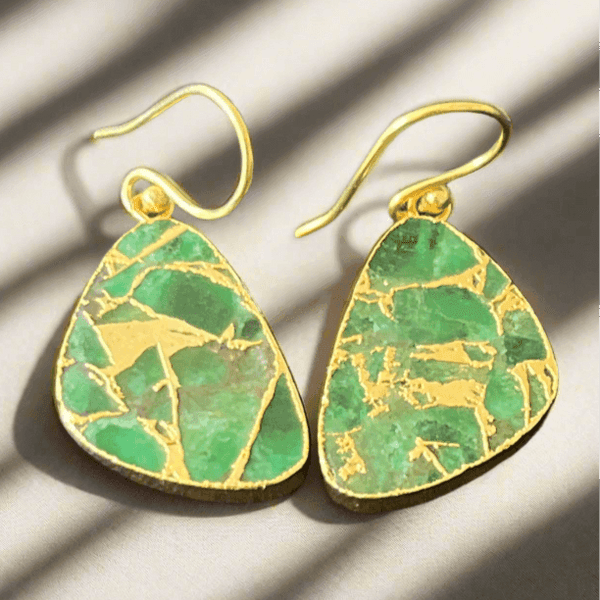 Emerald Triangular Gold Plated Earrings - Saras Beads & Jewellery