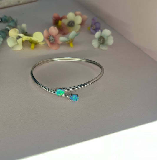 Azure Serenity: Sterling Silver Double Turquoise Glass Stone Bangle