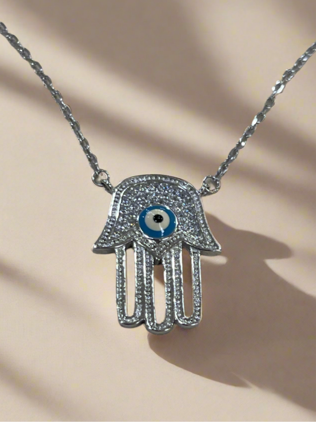 Mystical Gaze: Rhodium-Plated Sterling Silver Hand with Eye Necklace