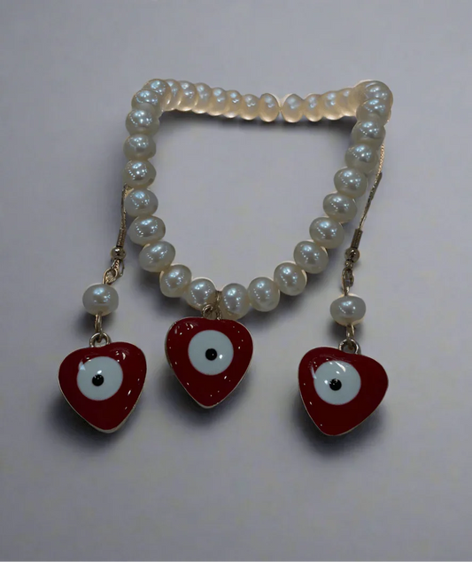 Exquisite Pearl Bracelet and Earring Set with Red Love Eye – A Symbol of Elegance and Protection - Saras Beads & Jewellery