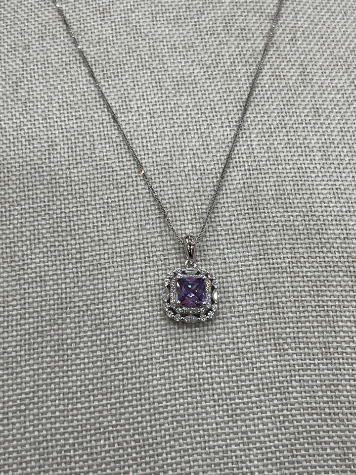 Elegant Sterling Silver Square Purple Zirconia Necklace