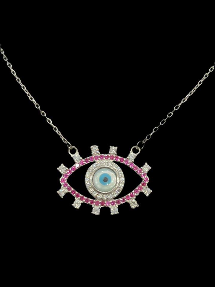 Sterling Silver Evil Eye Necklace with Ruby and Diamond Accents