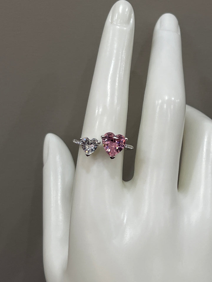 Sterling Silver Double Heart Ring with Pink and Diamond Zircon Stones