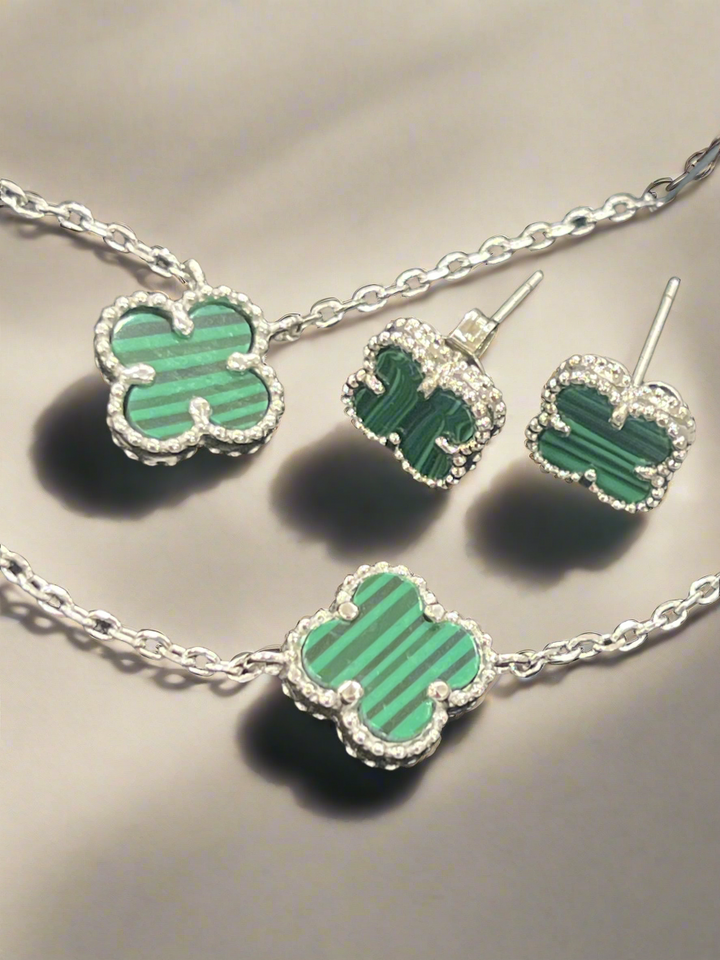 Elegant Sterling Silver Green Clover Jewellery Set – Necklace, Bracelet, and Earrings for a Timeless Look