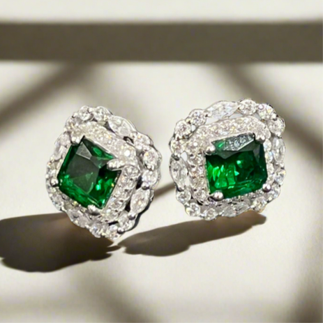 Elegant Sterling Silver Stud Earrings with Emerald and Zirconia Accents