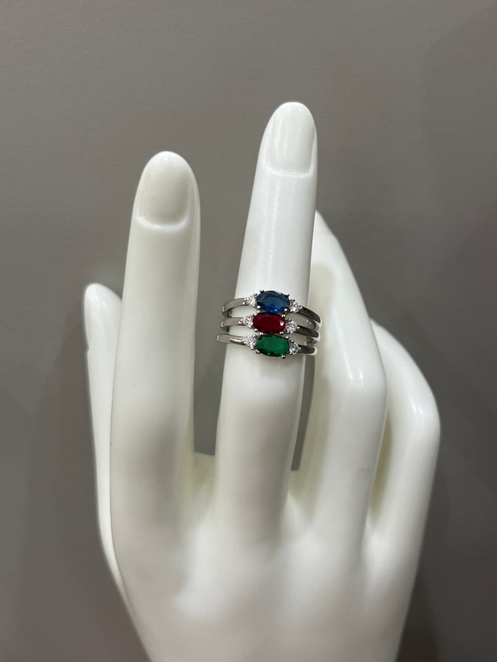 Silver Ring with Emerald, Ruby, and Sapphire Stones