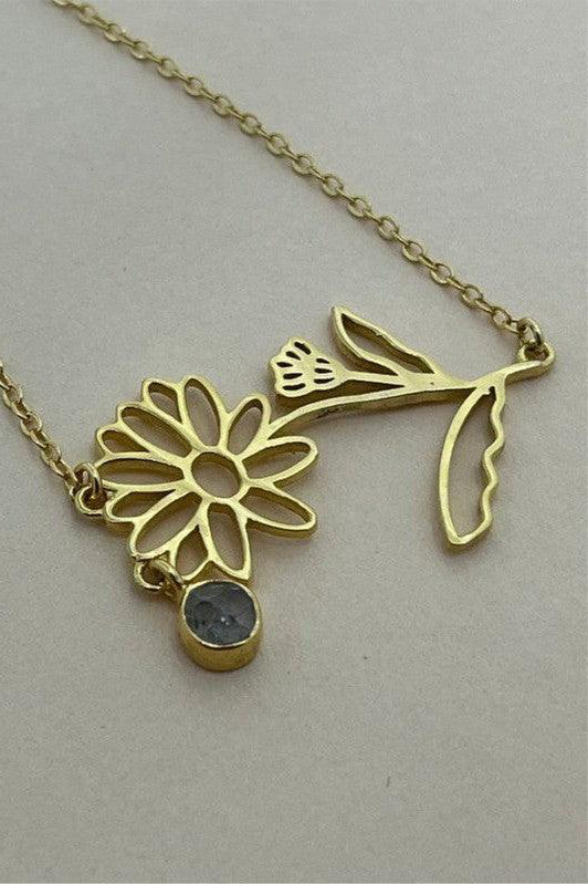 Gold-Plated Necklace with April Diamond, White Topaz & Clear Quartz Birthstones and Sweet Pea & Daisy Flowers